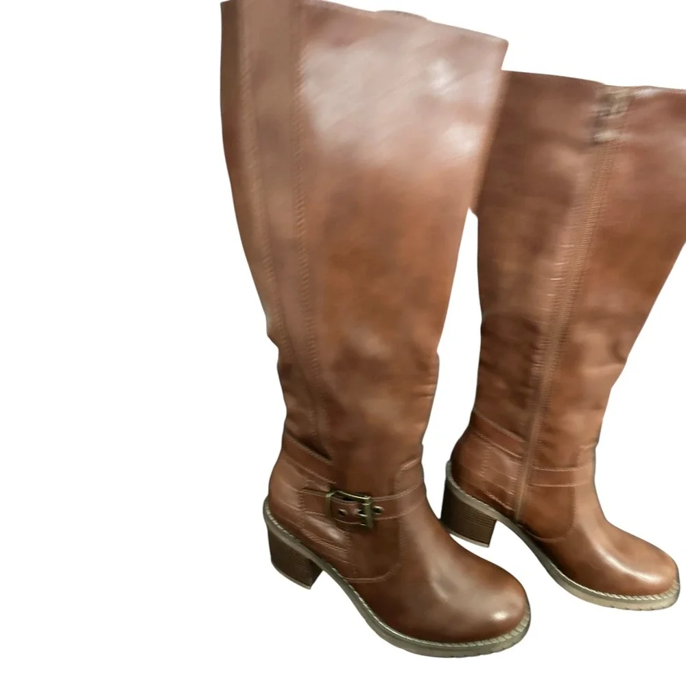 Brown Faux Leather Knee High‎ Boots Women's Buckle Detail Crocodile Embossed